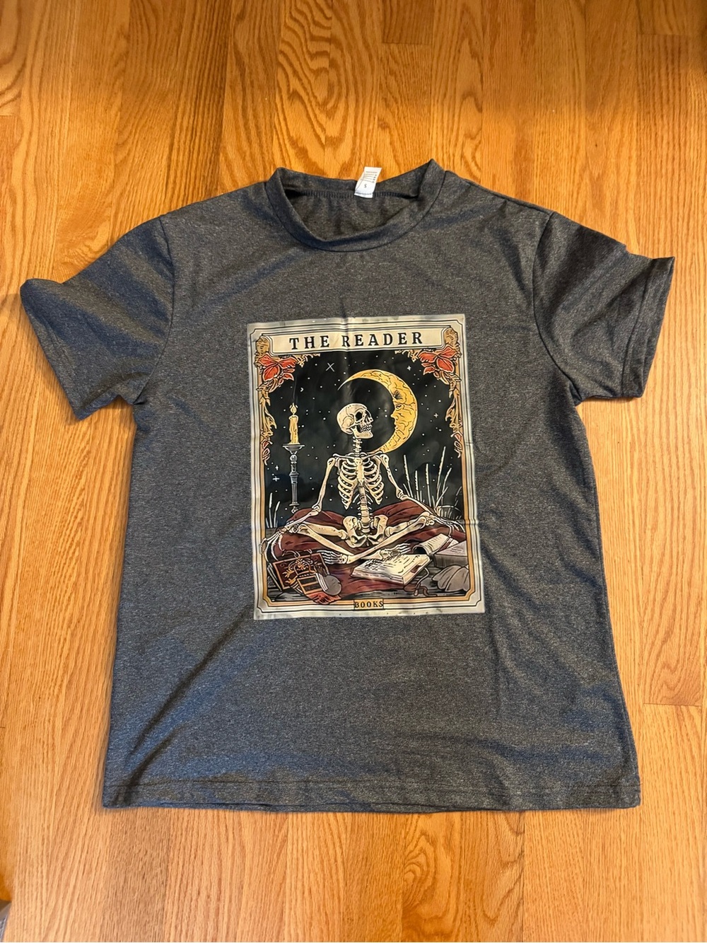 “The Reader” Skeleton Graphic Tee - Dark Gray - S